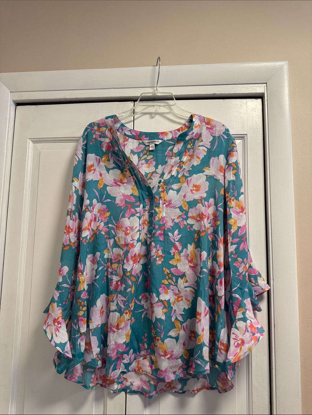 Counterparts Teal Floral V-Neck Flutter Sleeve Blouse